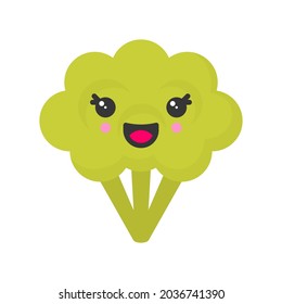 Cute smiling broccoli. Kawaii vegetable character. Isolated colorful vector icon