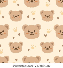 Cute smiling brown bear seamless pattern vector illustration. 