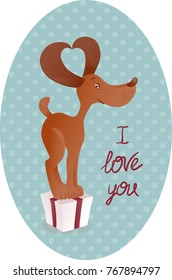 Cute smiling brown dog standing on the gift box. Background with dots and red lettering I love you.