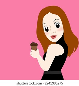 Cute smiling brunette girl in black dress holding paper coffee cup template isolated on pink background. vector illustration.