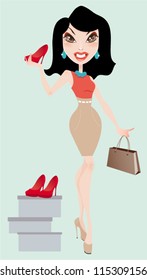 cute smiling brunette woman with shopping bag and red shoe
