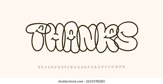 Cute smiling bubble letters, thanks word. Handdrawn playful typography with cartoon faces. Perfect for kid card, sticker, poster, modern fun branding. Graffiti typographic design. Vector illustration
