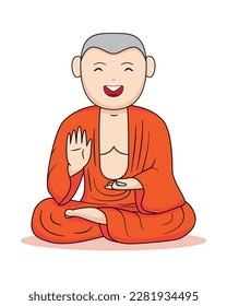 Cute smiling Buddhism priest sitting and action as meditating drawing in cartoon vector