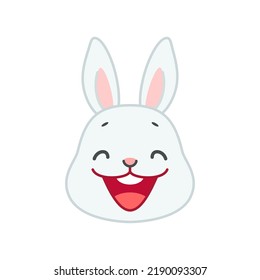 Cute smiling bunny face. Flat cartoon illustration of a funny little laughing rabbit isolated on a white background. Vector 10 EPS.