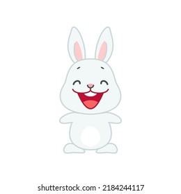 Cute smiling bunny. Flat cartoon illustration of a funny little laughing rabbit isolated on a white background. Vector 10 EPS.
