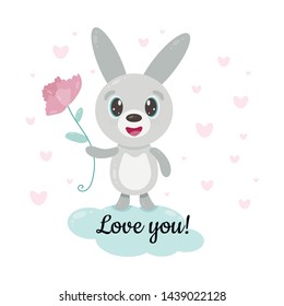 cute smiling bunny with flower, vector illustration isolated on white background, for children's t-shirt or postcard, suitable for animation, eps 10