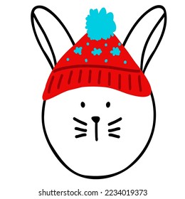 Cute smiling bunny head with red santa hat,hand drawn symbol of new year 2023 in doodle style,print for kids textile,room interior decoration,poster,sticker,logo,baby fashion design.