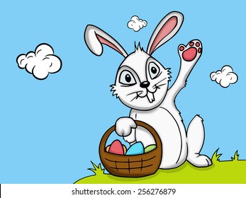 Cute smiling bunny holding colorful eggs basket on nature background for Happy Easter celebration.