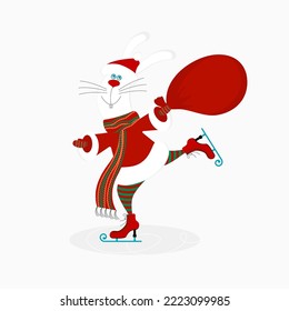 Cute smiling bunny or rabbit wearing santa claus clothes carrying christmas gift bag skating isolated on white background. Editable vector illustration