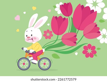 Cute smiling bunny ride bicycle with flowers, tulips. Vector design concept for poster, banner, decoration, card for Women's Day, March 8, Mothers Day, wedding, birthday, Hello Spring, Easter.