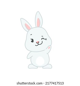 Cute smiling bunny with winking eye. Flat cartoon illustration of a funny little rabbit isolated on a white background. Vector 10 EPS.
