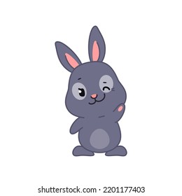 Cute smiling bunny with winking eye. Flat cartoon illustration of a funny little black rabbit isolated on a white background. Vector 10 EPS.