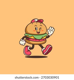 Bonito mascote sorridente hambúrguer correndo alegremente no estilo de ilustração retro clássico.