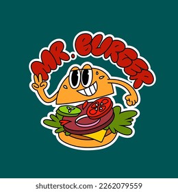 Cute Smiling Burger in Retro Cartoon Style. Sticker Art Illustration. Vintage Vector Character