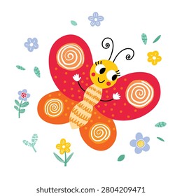 Cute Smiling Butterfly Cartoon Character in Bright Kids Style, Colorful Happy Insect Vector Illustration