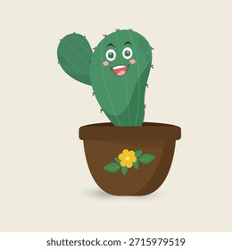 Carácter sonriente lindo del cactus en maceta, ideal para el diseño de los niños, pegatinas, tarjetas de felicitación, carteles, educación. Ilustración vectorial de dibujos animados