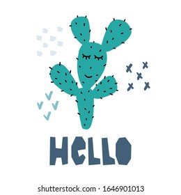 Cute smiling cactus poster. Childish character. Hello word written by hand, Lettering card, print for nursery. Vector hand drawn design isolated on white background..