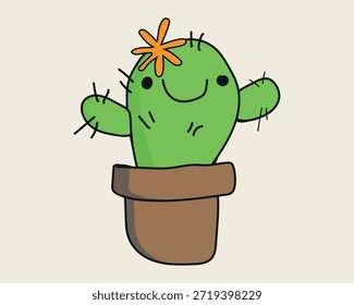 Cactus sonriente lindo en la olla. Perfecto para pegatinas, estampados, diseños infantiles.