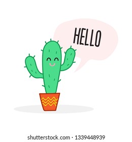 Cute smiling cactus with quote cloud. Hello. Kid illustration