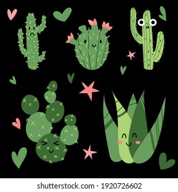 Cute smiling cactuses flat vector set with opuntia plant, needles. Desert nursery decoration design elements for textile, label, stickers, baby shower. 