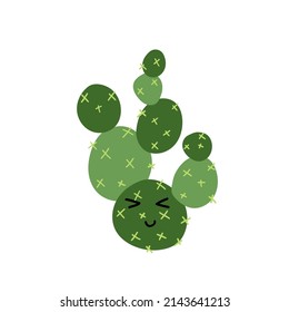 Cute smiling cactuses flat vector with opuntia plant, needles. Desert nursery decoration design elements for textile, label, stickers, baby shower.