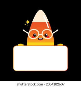 Cute smiling candy corn cartoon character holding in hands blank card, banner.