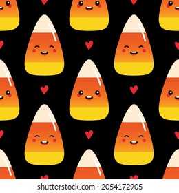 Cute smiling candy corn, halloween sweets characters and red hearts cartoon style vector seamless pattern background.