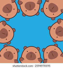 Cute smiling capybara border background. Banner of capybaras around looking at you kawaii