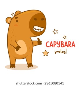 Un capibara sonriente. Ilustración vectorial. Divertido roedor de caracteres animales para tarjetas, diseño, impresión, colección de niños