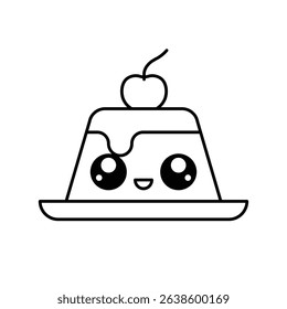 Cute Smiling Caramel Pudding Dessert with Cherry Outline for Coloring Book or Kids Design. Cartoon Dessert Character Illustration.