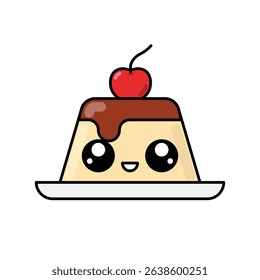 Cute Smiling Caramel Pudding Dessert with Cherry. Cartoon Dessert Character Illustration.