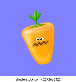 Cute smiling carrot character isolated on violet background. Funky Emoji carrot. Smile vegetable sticker with emotions. Vegetable character