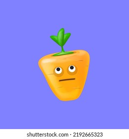 Cute smiling carrot character isolated on violet background. Funky Emoji carrot. Smile vegetable sticker with emotions. Vegetable character