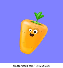 Cute smiling carrot character isolated on violet background. Funky Emoji carrot. Smile vegetable sticker with emotions. Vegetable character