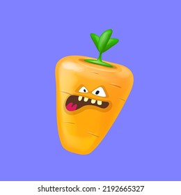 Cute smiling carrot character isolated on violet background. Funky Emoji carrot. Smile vegetable sticker with emotions. Vegetable character