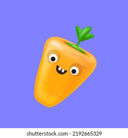 Cute smiling carrot character isolated on violet background. Funky Emoji carrot. Smile vegetable sticker with emotions. Vegetable character