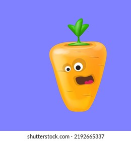 Cute smiling carrot character isolated on violet background. Funky Emoji carrot. Smile vegetable sticker with emotions. Vegetable character