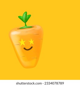 Cute smiling carrot isolated on orange background. Funky Emoji carrot. Smile vegetable sticker with emotions. Carrot sticker