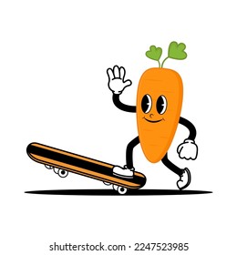 Cute smiling carrot mascot character playing skateboard. Doodle vintage style illustration concept