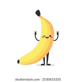 Charme sorridente desenho animado personagem de banana pisca e mostra sinal de paz. Mascote de fruta de banana. Ilustração vetorial