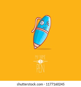 cute smiling cartoon blue pen character with eyes isolated on orange background. My name is pen vector concept illustration. Back to school design elements
