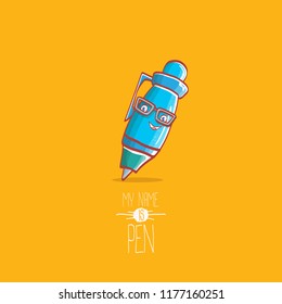 cute smiling cartoon blue pen character with eyes isolated on orange background. My name is pen vector concept illustration. Back to school design elements