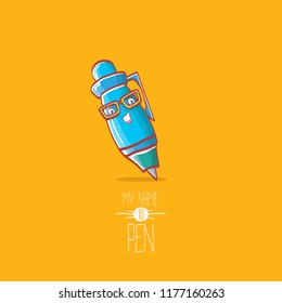 cute smiling cartoon blue pen character with eyes isolated on orange background. My name is pen vector concept illustration. Back to school design elements