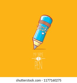 cute smiling cartoon blue pen character with eyes isolated on orange background. My name is pen vector concept illustration. Back to school design elements