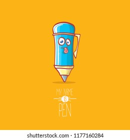 cute smiling cartoon blue pen character with eyes isolated on orange background. My name is pen vector concept illustration. Back to school design elements