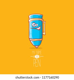 cute smiling cartoon blue pen character with eyes isolated on orange background. My name is pen vector concept illustration. Back to school design elements