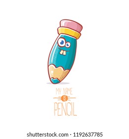 cute smiling cartoon blue pencil character with eyes and eraser isolated on white background. My name is pencil vector concept illustration. Back to school design elements