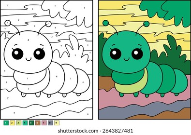 Cute smiling cartoon caterpillar next to a color-by-number outline, perfect for educational activities, coloring pages for kids, learning colors and numbers, and developing fine motor skills.