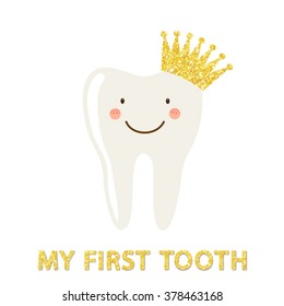 Cute smiling cartoon character of first baby tooth with golden glitter crown