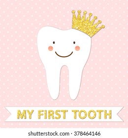 Cute smiling cartoon character of first baby tooth with golden glitter crown